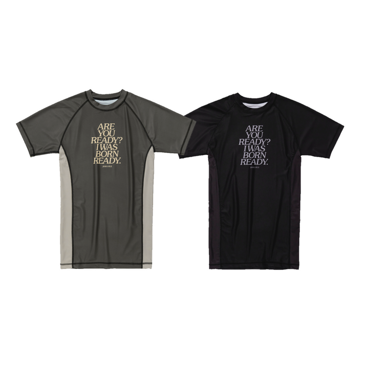 REBELLIOUS BEHAVIOR ARE YOU READY? HALF RASH GUARD (BROWN)