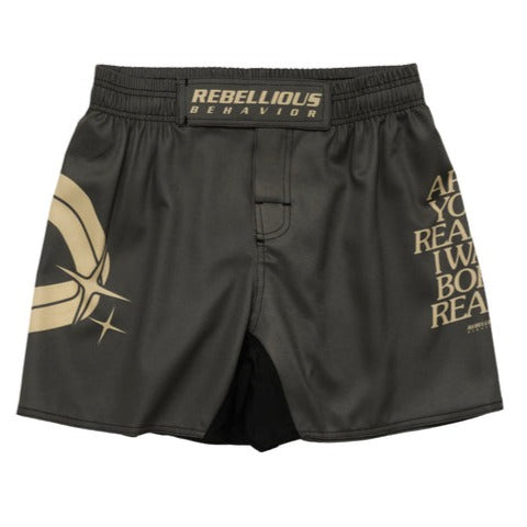 REBELLIOUS BEHAVIOR ARE YOU READY? FIGHT SHORTS (BROWN)