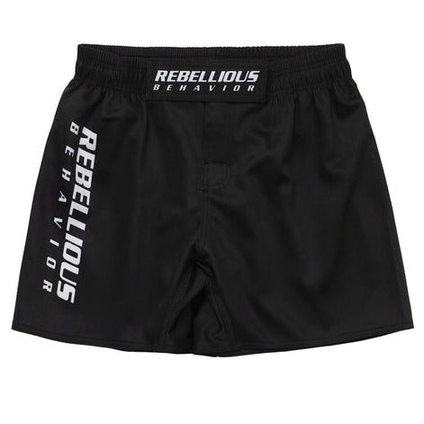 REBELLIOUS BEHAVIOR RBLS SP LOGO FIGHT SHORTS (BLACK)