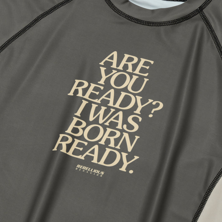 REBELLIOUS BEHAVIOR ARE YOU READY? HALF RASH GUARD (BROWN)