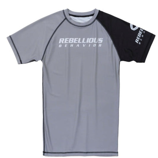 REBELLIOUS BEHAVIOR RBLS SPCS LOGO HALF RASH GUARD (SILVER)