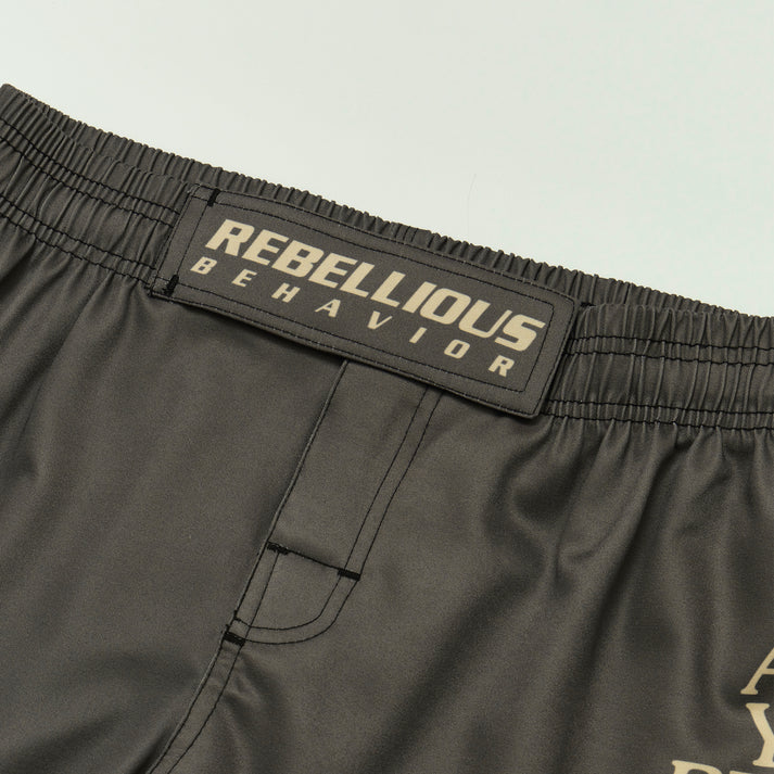 REBELLIOUS BEHAVIOR ARE YOU READY? FIGHT SHORTS (BROWN)