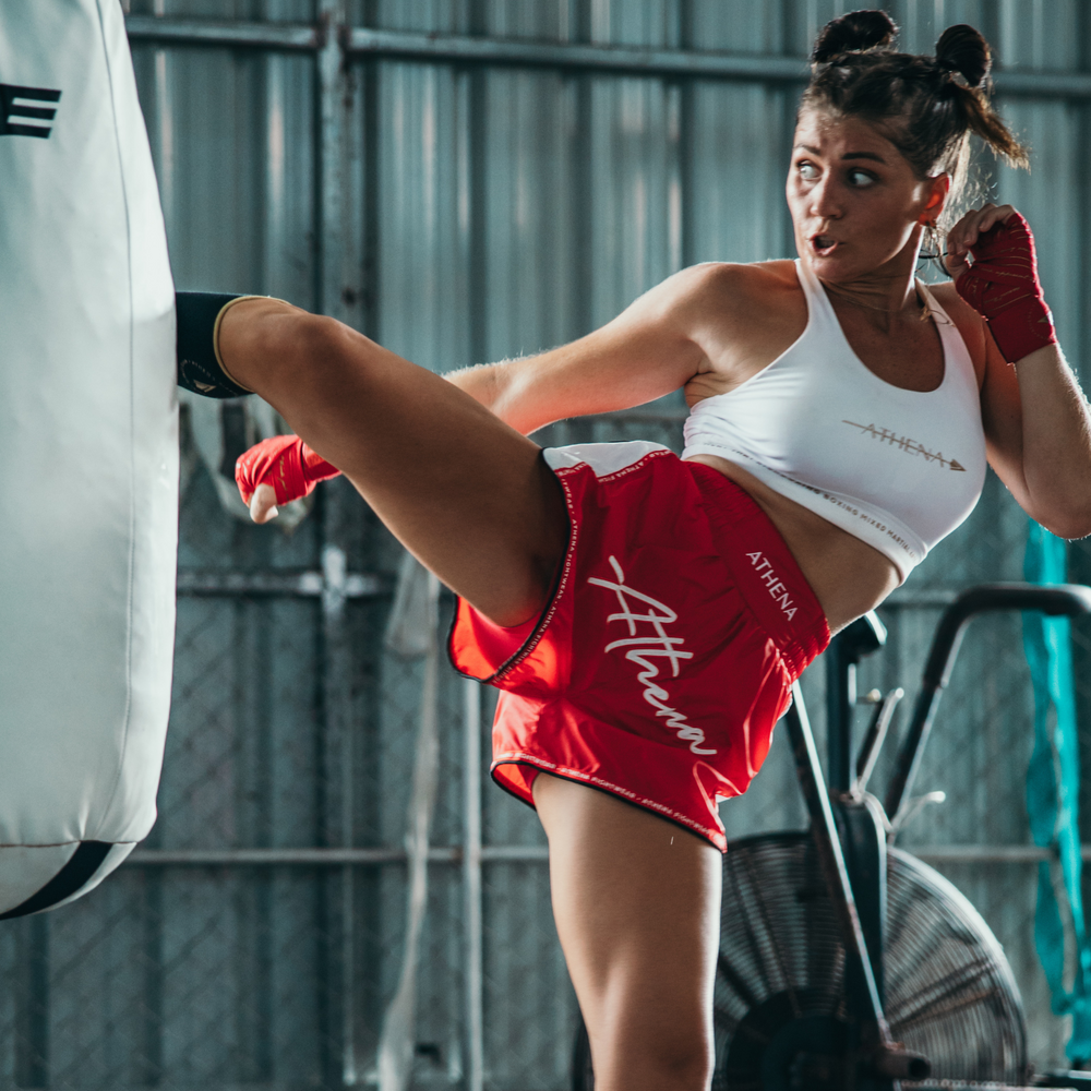 ATHENA FIGHTWEAR ALKE MUAY THAI SHORTS (RED)
