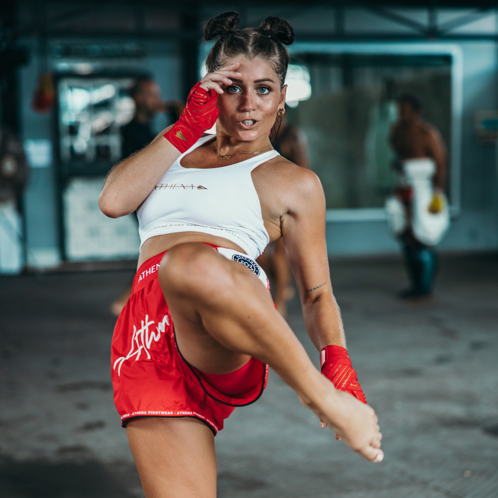 ATHENA FIGHTWEAR ALKE MUAY THAI SHORTS (RED)