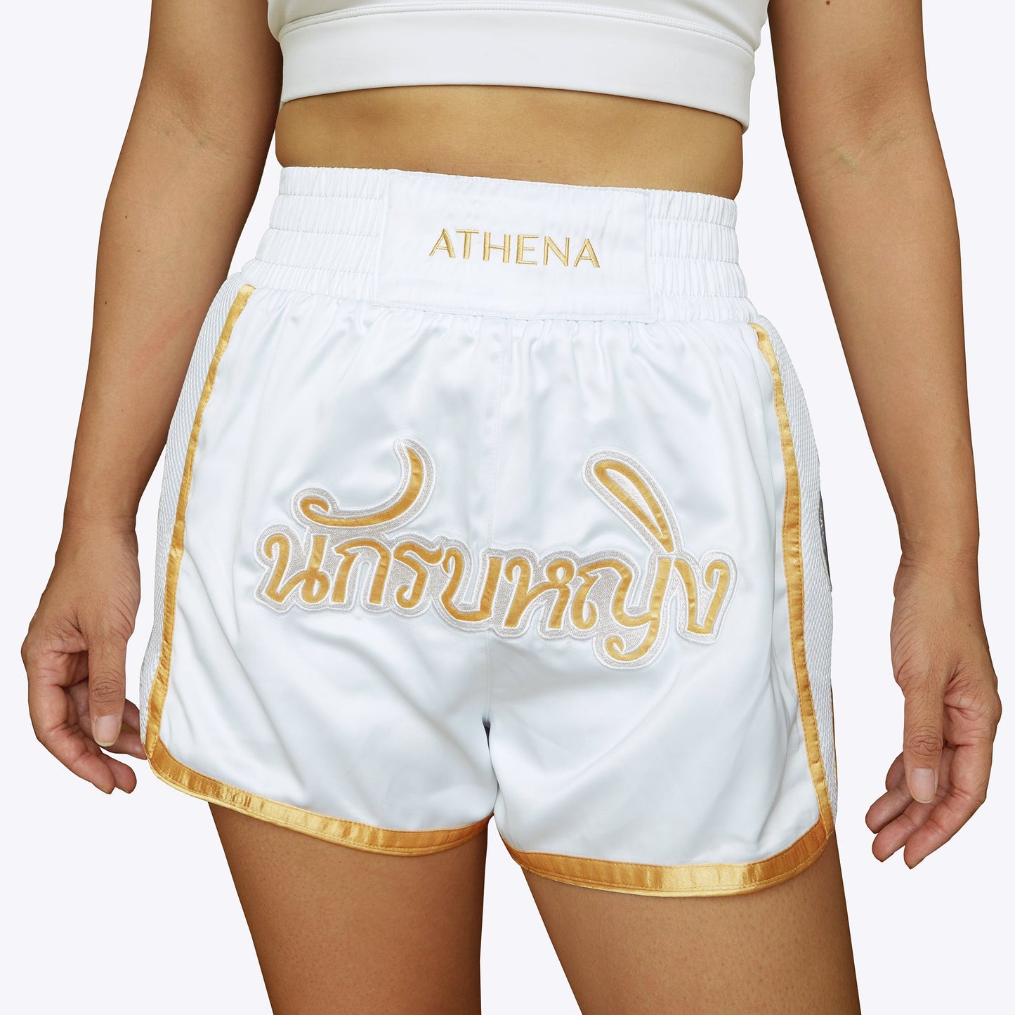 ATHENA FIGHTWEAR ARTEMISIA MUAY THAI SHORTS (WHITE / GOLD)