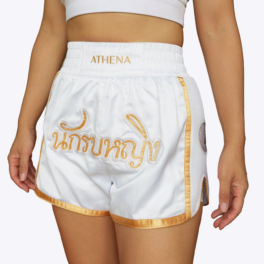 ATHENA FIGHTWEAR ARTEMISIA MUAY THAI SHORTS (WHITE / GOLD)