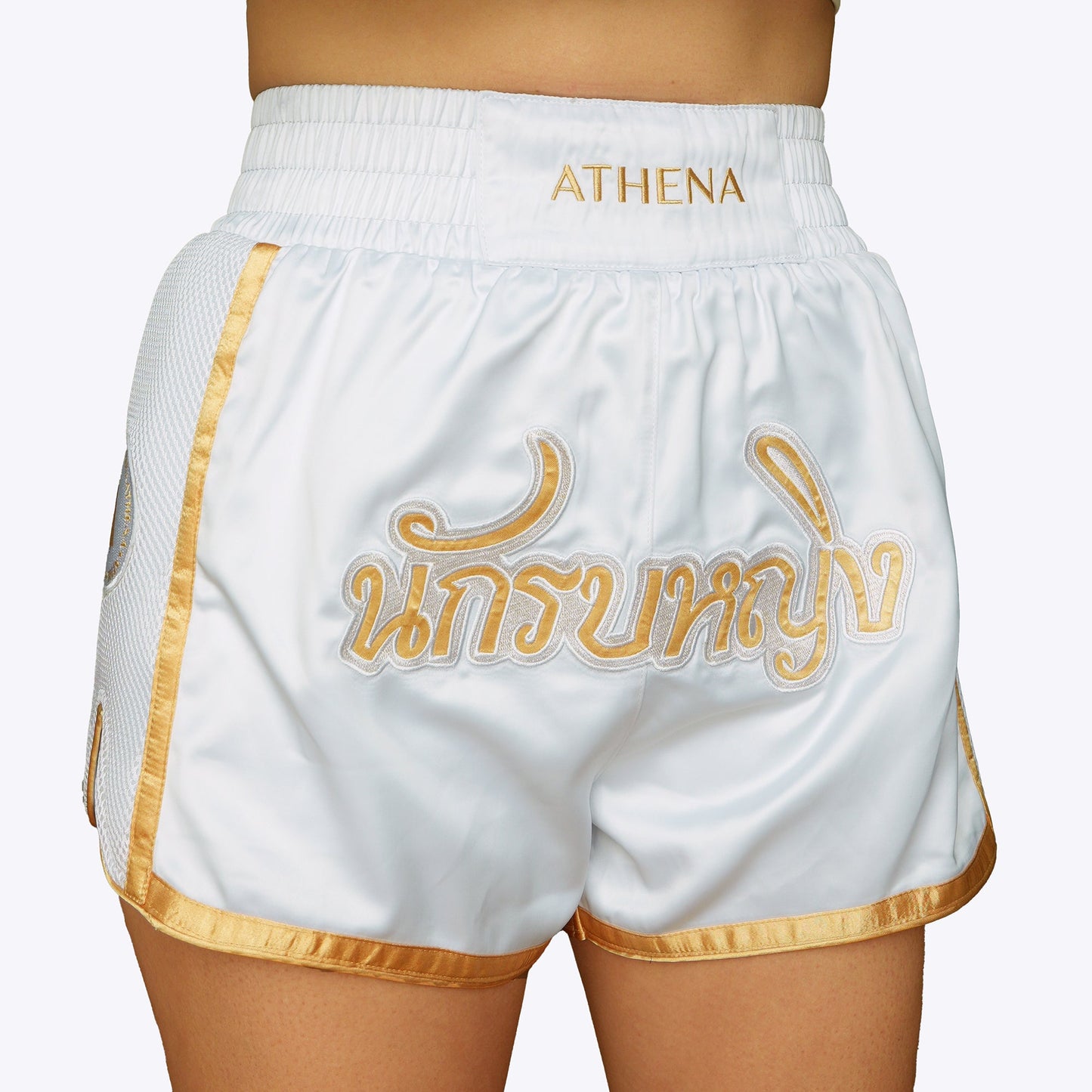 ATHENA FIGHTWEAR ARTEMISIA MUAY THAI SHORTS (WHITE / GOLD)