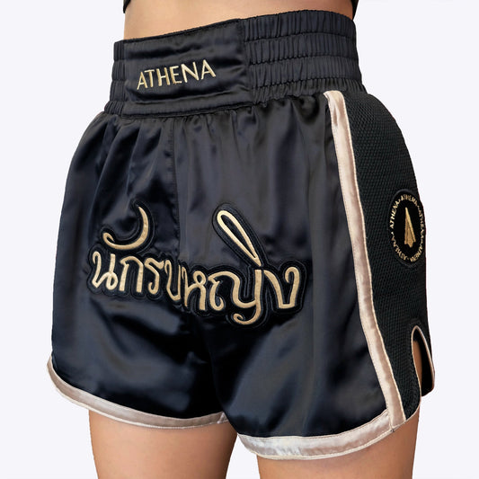 ATHENA FIGHTWEAR ARTEMISIA MUAY THAI SHORTS (BLACK / GOLD)