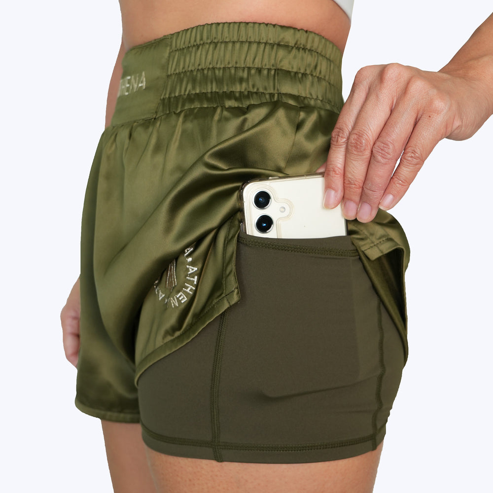 ATHENA FIGHTWEAR ENYO MUAY THAI SHORTS (KHAKI GREEN)