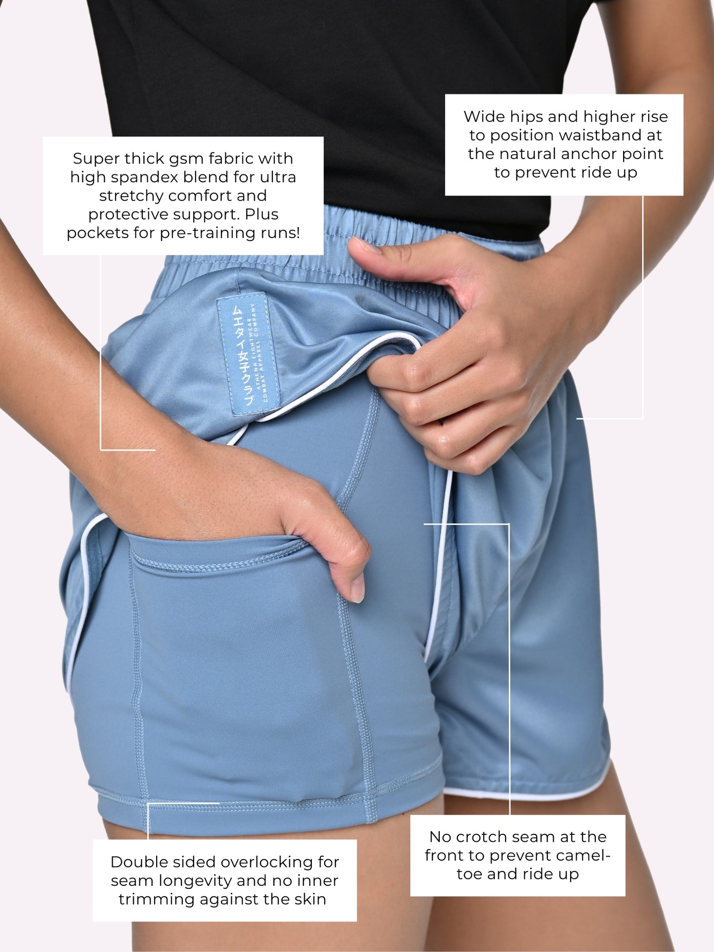 ATHENA FIGHTWEAR RYOKO MUAY THAI SHORTS (ASH BLUE)