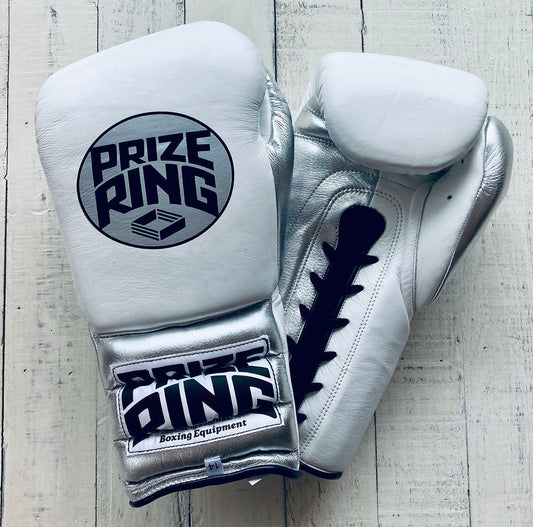 "Pro-training" Lace-Up Prize Ring Boxing Gloves (White/Silver)